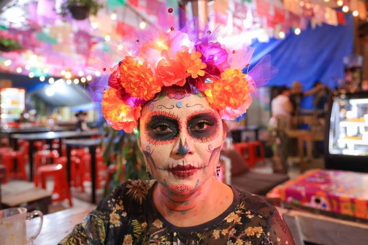 Portrait of a Catrina in the town of San Andrés Mixquic, as part of the the 'Day Of The Dead' in Mexico on October 31, 2023 in Mexico City, Mexico. 