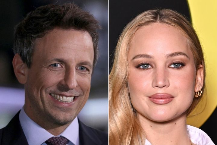Seth Meyers, left, said he was too “filthy and sweaty and stressed” while working at "SNL" to flirt with someone like Jennifer Lawrence.