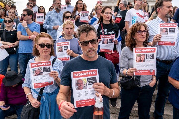 People gather at the Lincoln Memorial in Washington, Friday, Oct. 27, 2023, to call for the release of hostages taken by Hamas in Gaza.