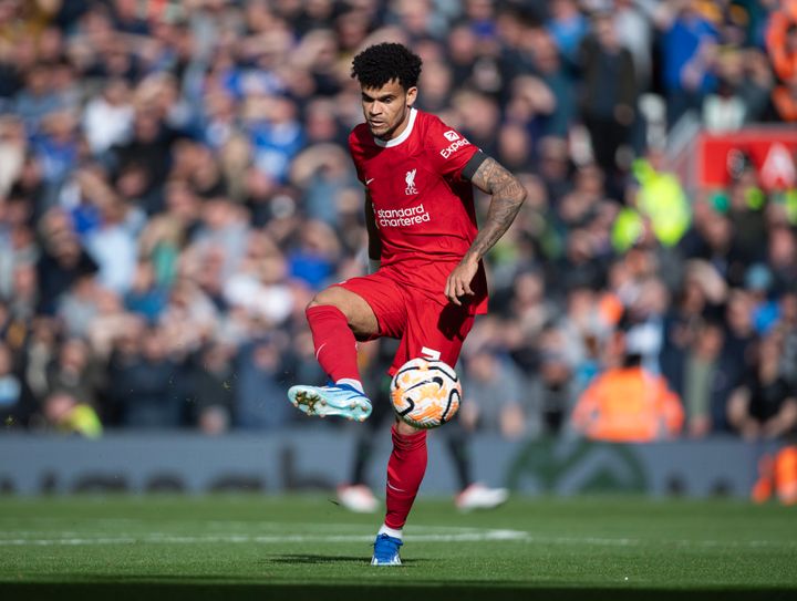 Luis Diaz of Liverpool in action during the Premier League match between Liverpool FC and Everton FC on Oct. 21 in Liverpool, United Kingdom.