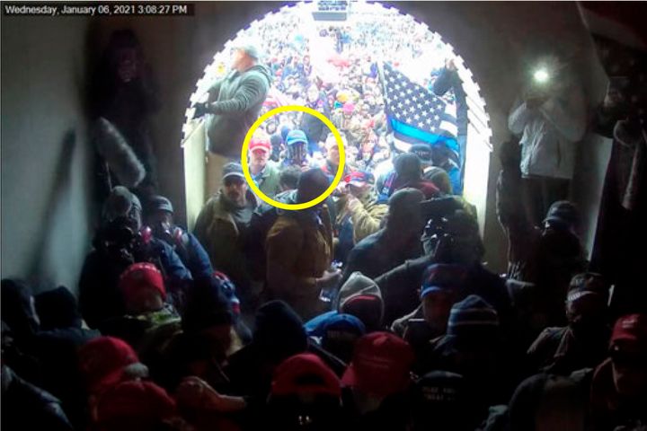 This image of Larry Giberson, circled in annotation by the Justice Department in the statement of facts supporting the arrest Giberson, shows him outside the U.S. Capitol on Jan 6. 2021. Giberson has been sentenced to two months of incarceration for interfering with police officers trying to hold off a mob of Donald Trump supporters.