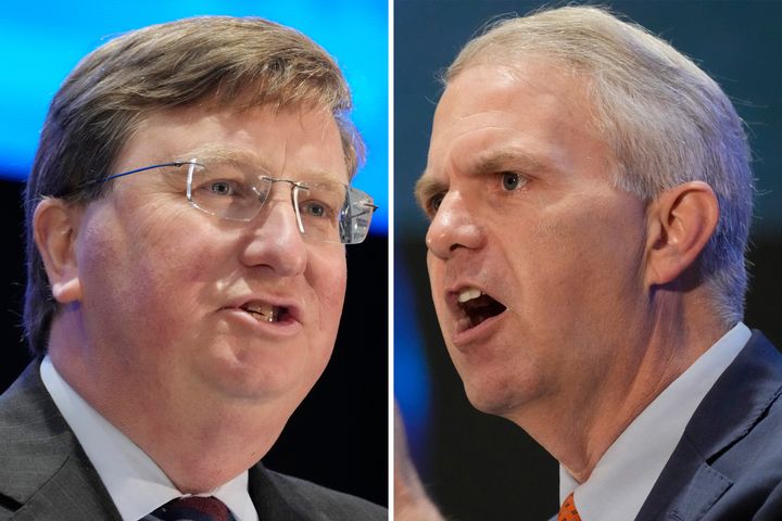 Mississippi Gov. Tate Reeves (left), a Republican, faced Democratic challenger Brandon Presley at their first and only debate on Wednesday night. The election is Tuesday.