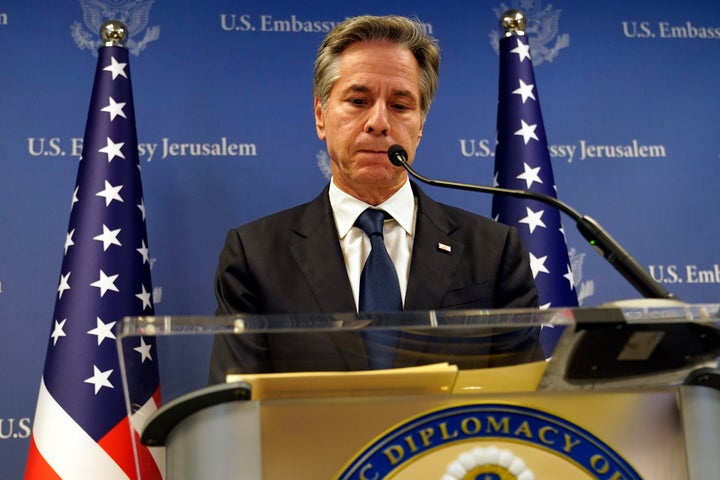 U.S. Secretary of State Antony Blinken speaks in Tel Aviv, Tuesday Oct. 17, 2023, after an overnight meeting with Israeli Prime Minister Benjamin Netanyahu. (AP Photo/Jacquelyn Martin, Pool)