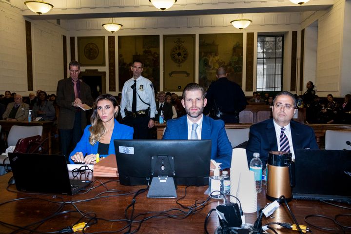 Eric Trump, center, appears at the New York fraud trial for his father, former President Donald Trump, on Thursday.