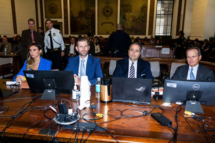 Eric Trump, second from left, appears at New York courthouse alongside attorneys Alina Habba, far left, and Chris Kise, far right.