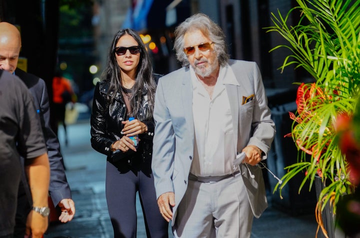 Noor Alfallah and Al Pacino arrive for a music video shoot with Bad Bunny on August 24, 2023 in New York City. (Photo by Gotham/GC Images)