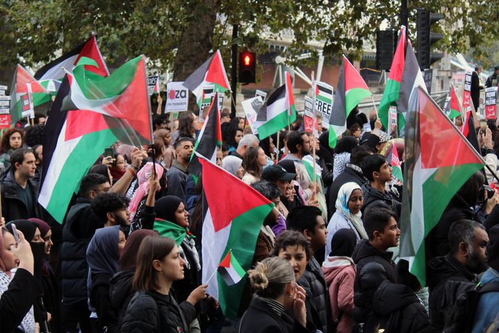 People, holding banners and Palestinian flags, gather to hold a massive pro-Palestine rally in the amid Israeli attacks on Gaza, in London.