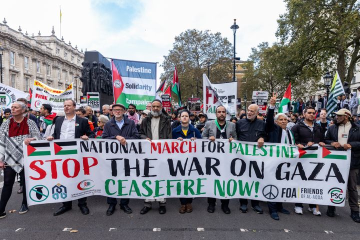 Pro-Palestinian protesters, including Jeremy Corbyn MP and Ismail Patel of Friends of al Aqsa, march through central London to call for an immediate ceasefire in Gaza on 28th October 2023 in London.