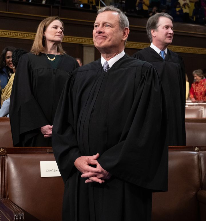 Chief Justice John Roberts (center) wrote an opinion joined by Justices Amy Coney Barrett (left) and Brett Kavanaugh (right) rejecting the independent state legislature theory in the case of Moore v. Harper.
