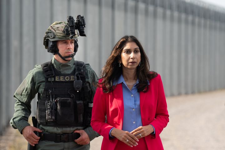 Suella Braverman during a visit to the north eastern Greek border with Turkey in Alexandroupolis to view surveillance facilities and learn how Greek security forces are monitoring the land border with their Turkish neighbours. 