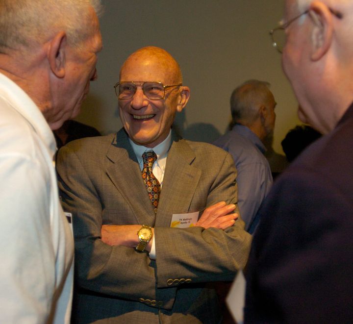Thomas Kenneth Mattingly speaks with guests during GlobalSpec's presentation of a Great Moments In Engineering Award at Space Center Houston, April 19, 2005. (AP Photo/Carlos Javier Sanchez, File)
