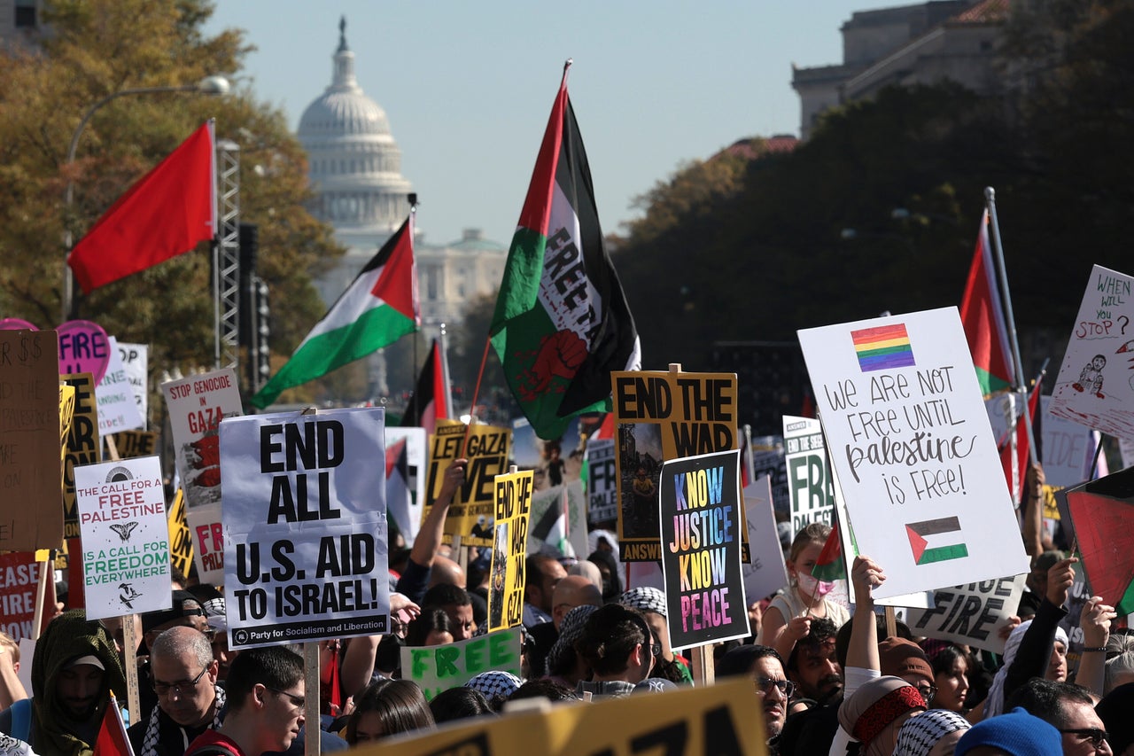 Protesters gather in Freedom Plaza near the U.S. Capitol building.