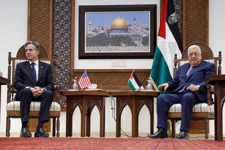 U.S. Secretary of State Antony Blinken meets with Palestinian President Mahmoud Abbas amid the ongoing conflict between Israel and the Palestinian Islamist group Hamas, at the Muqata in Ramallah in the Israeli-occupied West Bank, Sunday, Nov. 5, 2023. (Jonathan Ernst/Pool photo via AP)
