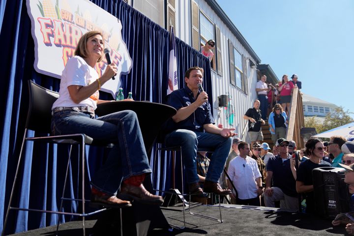 Republican presidential candidate Florida Gov. Ron DeSantis speaks during a Fair-Side Chat with Iowa Gov. Kim Reynolds at the Iowa State Fair on Aug. 12 in Des Moines, Iowa.