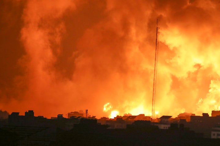 Fire and smoke rises from buildings following Israeli airstrikes on Gaza City, Sunday, Nov. 5, 2023. (AP Photo/Abed Khaled)