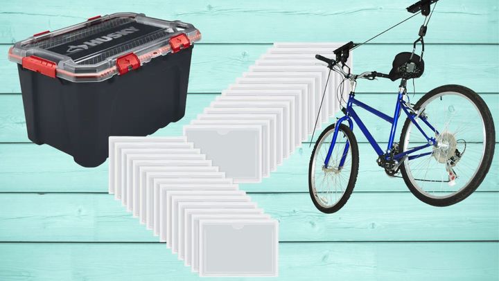 A waterproof Husky storage bin, a pack of self-adhesive label pockets and a pulley system bike rack. 