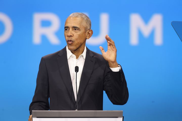 Former US President Barack Obama speaks to attendees at the Obama Foundation Democracy Forum on November 03, 2023 in Chicago.