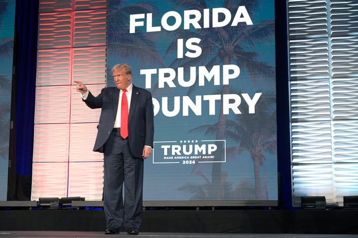 Former President Donald Trump acknowledges attendees before speaking at the Republican Party of Florida Freedom Summit, on Nov. 4, 2023, in Kissimmee, Fla.