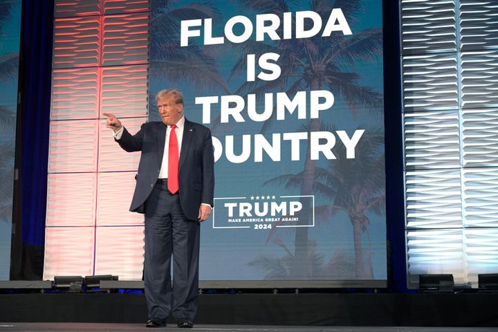 Former President Donald Trump acknowledges attendees before speaking at the Republican Party of Florida Freedom Summit, on Nov. 4, 2023, in Kissimmee, Fla. 