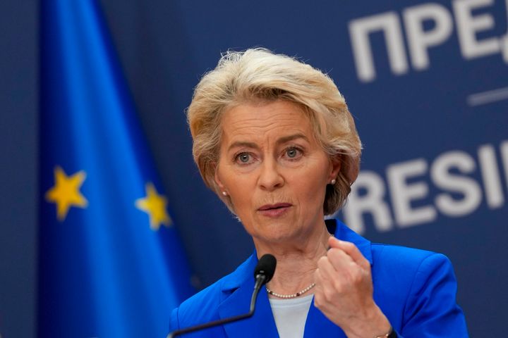 European Commission President Ursula von der Leyen speaks to the media during a joint news conference with Serbian President Aleksandar Vucic at the Serbia Palace in Belgrade, Serbia, Tuesday, Oct. 31, 2023. Ursula von der Leyen warned two former war foes, Kosovo and Serbia, that normalizing their ties was the only way to become bloc members one day. Fears are high of a resumption of the violence that has marked their relations since Kosovo unilaterally broke away from Serbia in 2008. Belgrade still considers Kosovo a Serbian province and has never recognized its independence. (AP Photo/Darko Vojinovic)