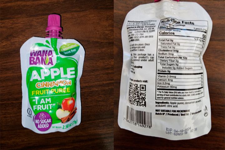 The FDA is warning parents and caregivers not to buy or serve certain pureed fruit pouches marketed to toddlers and young children because the food might contain dangerous levels of lead. The products include this WanaBana apple cinnamon fruit puree pouch.