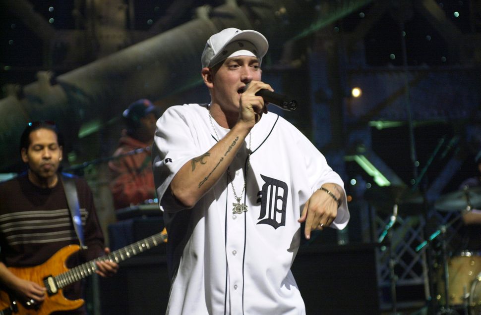 Musical guest Eminem performs on Saturday Night Live in October 2000.