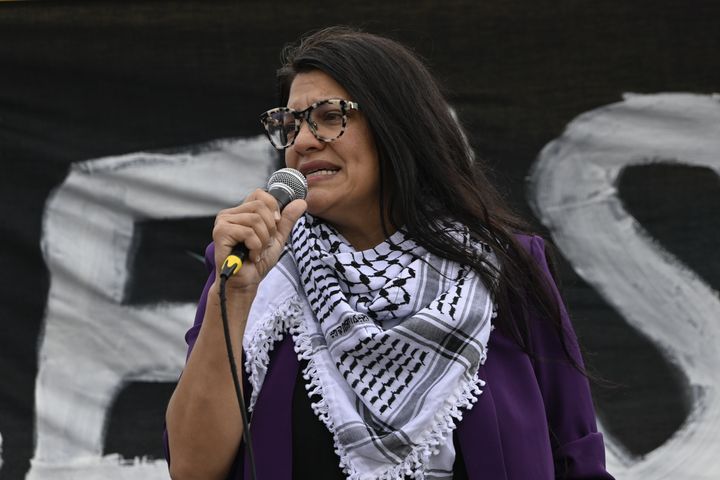 Rep. Rashida Tlaib (D-Mich.) takes part in a demonstration organized with the attendance of multiple Jewish groups outside the Capitol Building in Washington D.C. on Oct. 18.