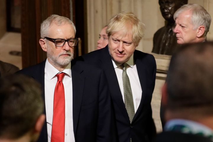 Prime Minister, Boris Johnson and Leader of the Labour Party, Jeremy Corbyn arrive for the state opening of parliament at the Houses of Parliament on December 19, 2019