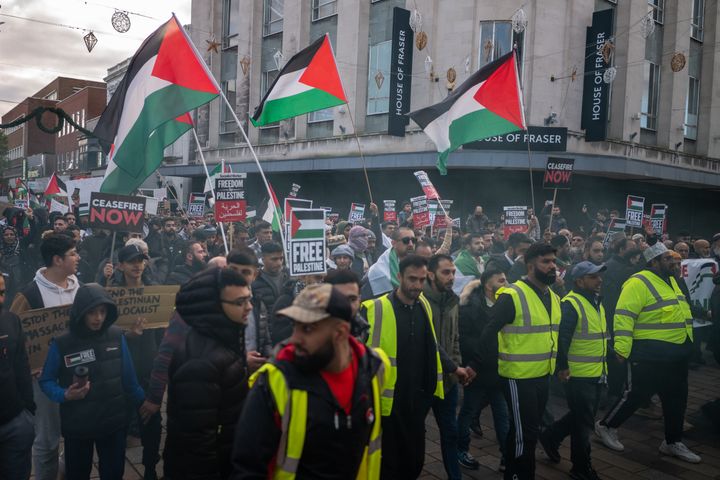 People take part in a Peace March for Palestine in central Middlesbrough to show their support for the people of Palestine on November 05, 2023