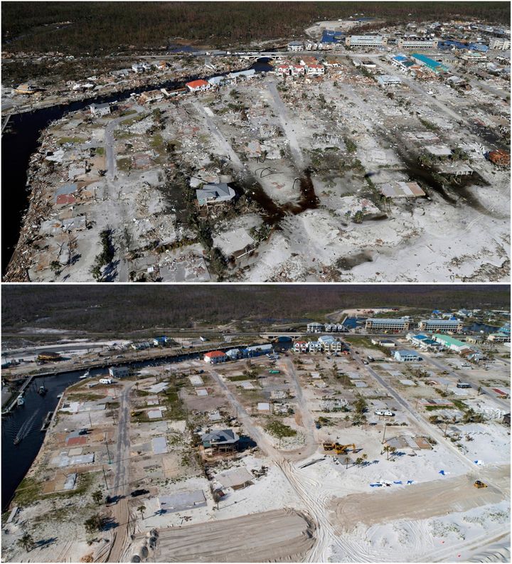 ΑΡΧΕΙΟ - Αυτός ο συνδυασμός φωτογραφιών καταστροφής μετά τον τυφώνα Michael στην παραλία Μexico, στην Φλόριντα, τον Οκτώβριο του 2018, με το σπίτι της Μπόνι Πόλσον (επάνω αριστερά) και με την ίδια τοποθεσία στις 3 Μαΐου 2019, αποδεικνύει αυτό: Η κλιματική αλλαγή αυξάνει τις καταστροφές δισεκατομμυρίων δολαρίων, πολλές από τις οποίες προέρχονται από εντεινόμενους τυφώνες. Ορισμένοι προνοητικοί ιδιοκτήτες, όμως, χτίζουν σπίτια με σκοπό να τα καταστήσουν πιο ανθεκτικά στις ακραίες καιρικές συνθήκες που επιδεινώνονται με την κλιματική αλλαγή. Και η προνοητικότητα κάνει τεράστια διαφορά! (AP Photo, File)