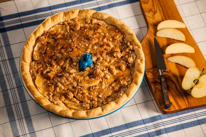 A pie bird from Le Creuset in a baked pie. 