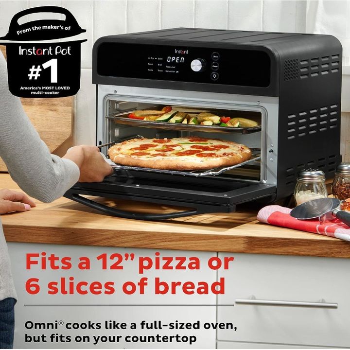 This air fryer and toaster oven fits easily on your countertop and promises little to no heat-up time. 