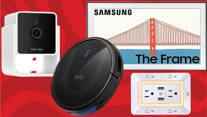 The Petcube pet monitor, Eufy robot vacuum, Samsung The Frame TV and a six-outlet wall charger from Amazon.