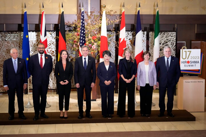 From left, High Representative of the European Union for Foreign Affairs and Security Policy Josep Borrell, Britain's Foreign Secretary James Cleverly, Germany's Foreign Minister Annalena Baerbock, U.S. Secretary of State Antony Blinken, Japan's Foreign Minister Yoko Kamikawa, Canada's Foreign Minister Melanie Joly, France's Foreign Minister Catherine Colonna and Italian Foreign Minister Antonio Tajani pose for a group photo during the Group of 7 Foreign Ministers meetings at the Iikura Guest House Wednesday, Nov. 8, 2023, in Tokyo. (AP Photo/Eugene Hoshiko, Pool)