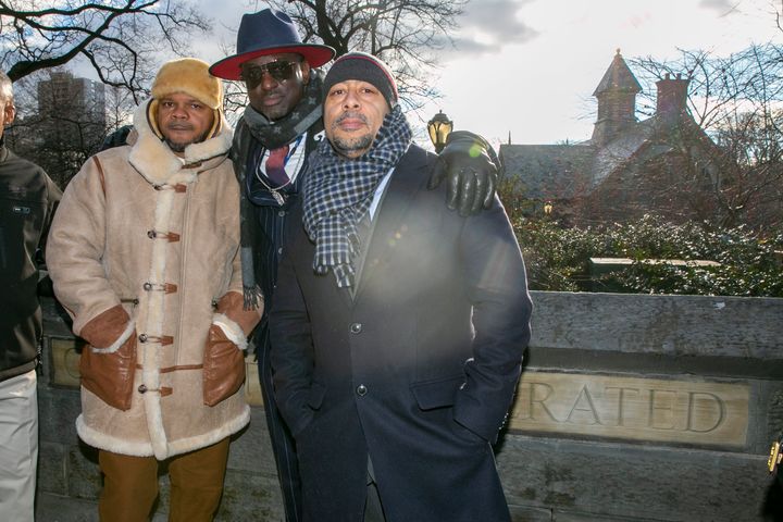 From left, Kevin Richardson, Yusef Salaam and Raymond Santana, were wrongfully convicted of the 1989 rape of a jogger. They are seen at the unveiling of the Gate of the Exonerated along a Central Park perimeter wall in New York City in December.