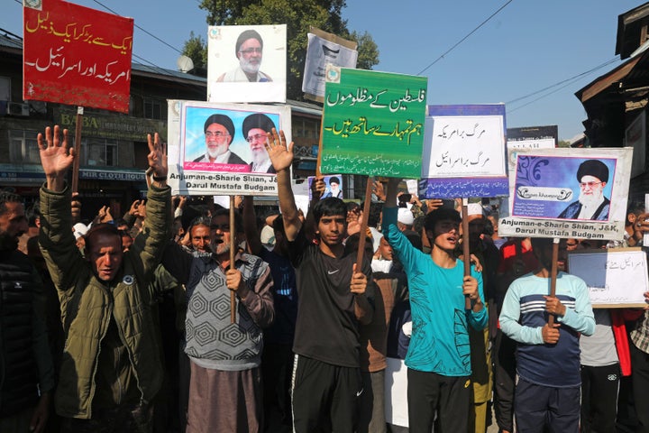 Kashmiri Shiite Muslims takes part in a protest against Israel on October 13, 2023 in Budgam, Inida. Indian authorities have barred Kashmir from participating in pro-Palestinian demonstrations, despite the Muslim-majority region's long support for Palestinians.