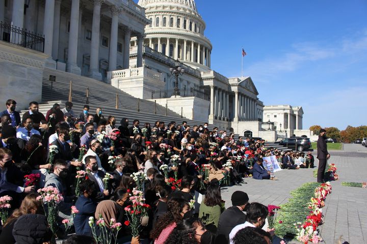 More than 100 Democratic and Republican congressional staffers gathered Nov. 8 on the steps of the U.S. Capitol to demand a cease-fire in the Israeli-Hamas conflict.