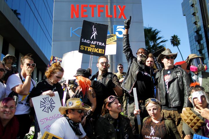 SAG-AFTRA members picketing outside Netflix's office on Wednesday