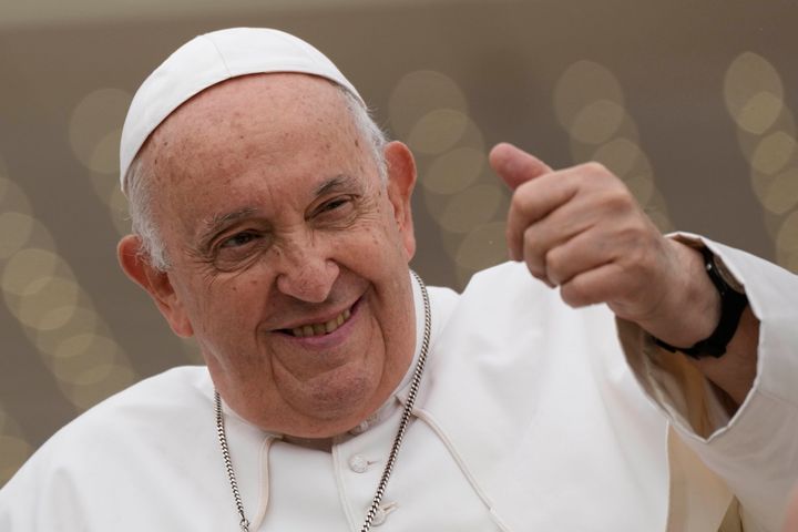Pope Francis thumbs up as he leaves after his weekly general audience in St. Peter's Square at The Vatican on Oct. 18, 2023.