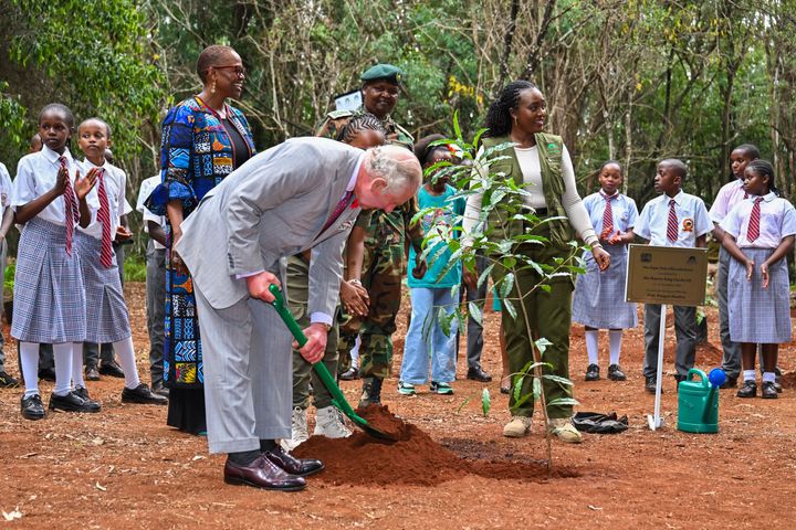 King Charles III plants a tree with environmental campaigner Karen Kimani in Kenya