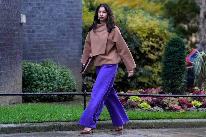 Britain's Home Secretary Suella Braverman arrives for a cabinet meeting in 10 Downing Street in London, Tuesday, Oct. 31, 2023. (AP Photo/Kirsty Wigglesworth)