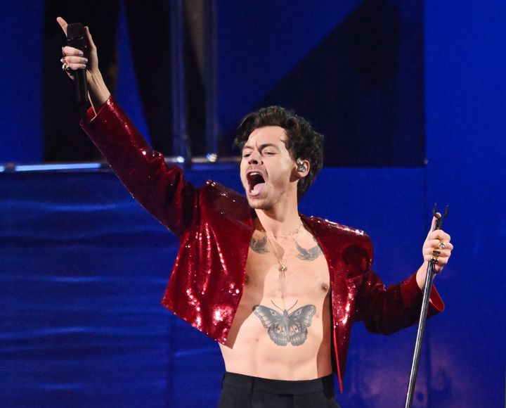 Harry Styles on stage at the Brits earlier this year