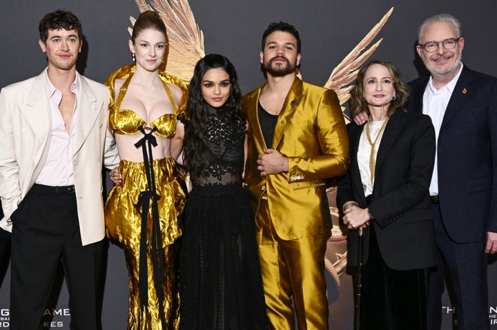 Tom Blyth, Hunter Schafer, Rachel Zegler, Josh Andrés Rivera, Nina Jacobson and Francis Lawrence at The Ballad of Songbirds & Snakes World Premiere