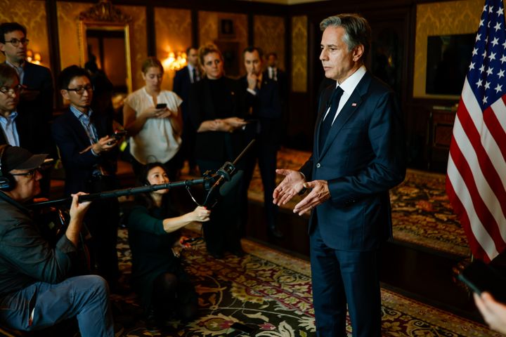 U.S. Secretary of State Antony Blinken speaks to the media after participating in the so-called "2+2 Dialogue" in New Delhi, India, Friday, Nov. 10, 2023. (Jonathan Ernst/Pool via AP)