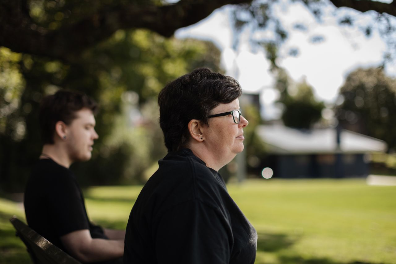 Grey and his mother, Lauren Wilson, in an Auckland park. After a monthslong process of applying to schools and filling out student visa paperwork, they were both able to move to New Zealand. 
