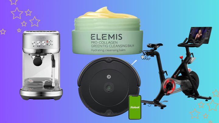 A Breville Bambino Plus espresso machine, Elemis Pro-Collagen green fig cleansing balm, iRobot Roomba vacuum and Peloton exercise bike.