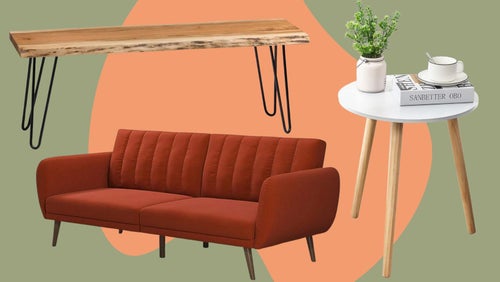 A linen-covered futon, a live-edge wooden bench and a round side table.