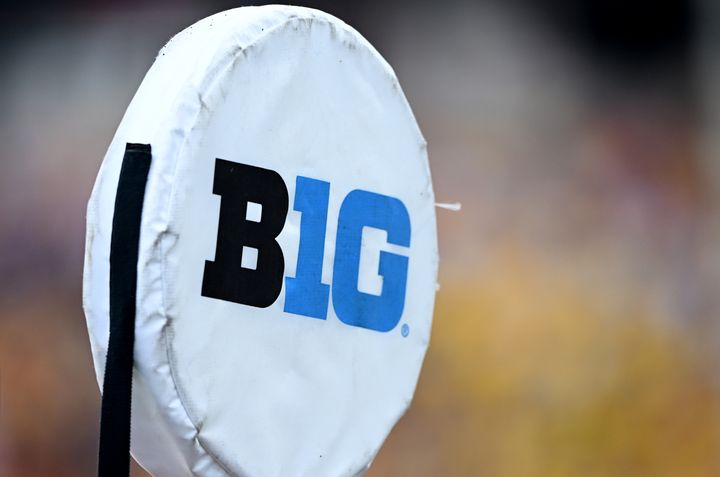 COLLEGE PARK, MARYLAND - NOVEMBER 04: The Big Ten logo on a yardage marker during the game between the Maryland Terrapins and the Penn State Nittany Lions at SECU Stadium on November 04, 2023 in College Park, Maryland. (Photo by G Fiume/Getty Images)