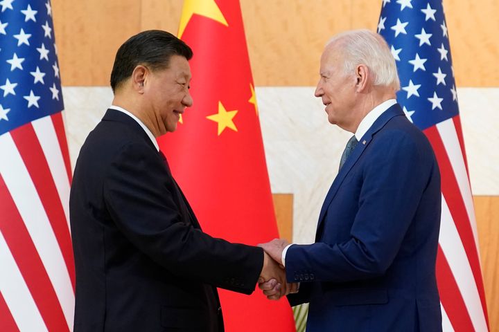 FILE - President Joe Biden and Chinese President Xi Jinping shake hands before their meeting on the sidelines of the G20 summit meeting, Nov. 14, 2022, in Nusa Dua, in Bali, Indonesia. (AP Photo/Alex Brandon, File)
