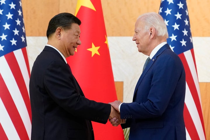 FILE - President Joe Biden and Chinese President Xi Jinping shake hands before their meeting on the sidelines of the G20 summit meeting, Nov. 14, 2022, in Nusa Dua, in Bali, Indonesia. (AP Photo/Alex Brandon, File)